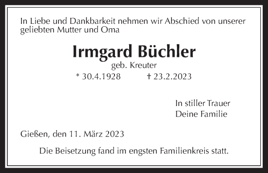Traueranzeige von Irmgard Büchler von Giessener Allgemeine, Alsfelder Allgemeine