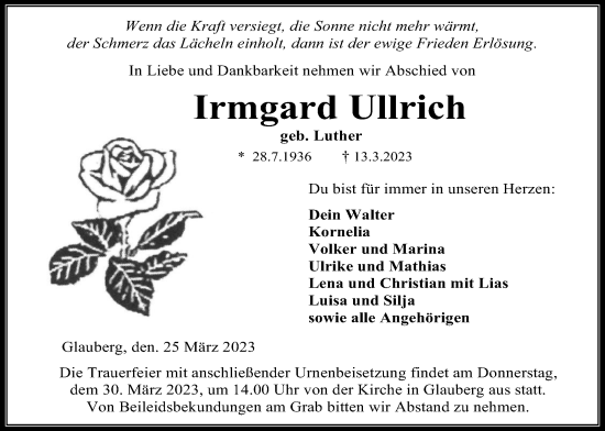 Traueranzeige von Irmgard Ullrich von Kreis-Anzeiger