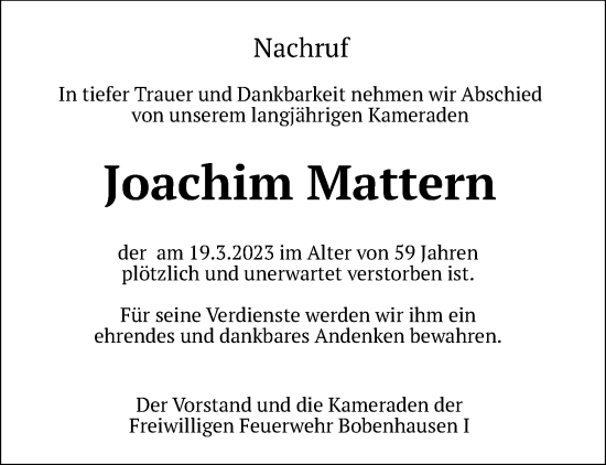 Traueranzeige von Joachim Mattern von Kreis-Anzeiger