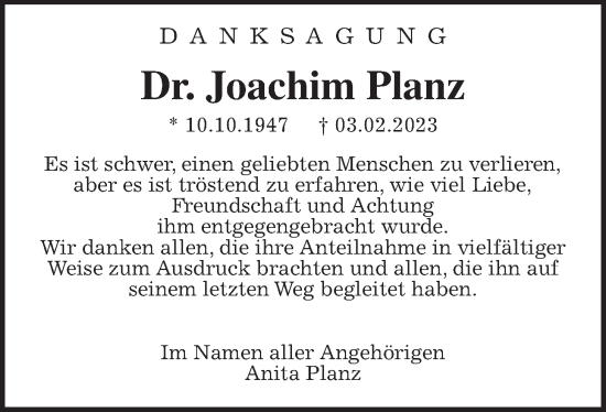 Traueranzeige von Joachim Planz von Wetterauer Zeitung