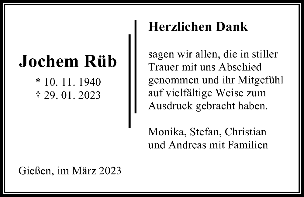  Traueranzeige für Jochem Rüb vom 18.03.2023 aus Giessener Allgemeine, Alsfelder Allgemeine, Giessener Anzeiger