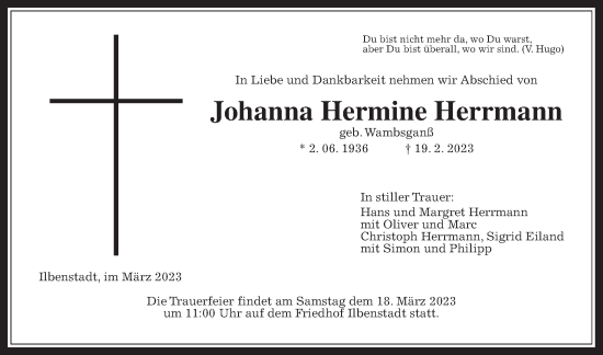 Traueranzeige von Johanna Hermine Herrmann von Wetterauer Zeitung