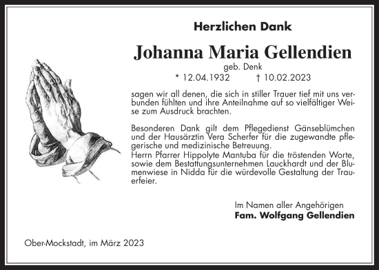 Traueranzeige von Johanna Maria Gellendien von Kreis-Anzeiger