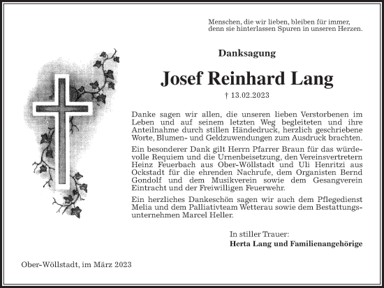 Traueranzeige von Josef Reinhard Lang von Wetterauer Zeitung