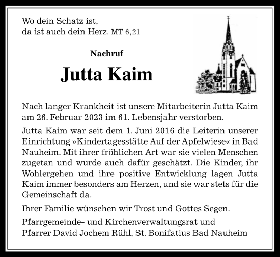 Traueranzeige von Jutta Kaim von Wetterauer Zeitung