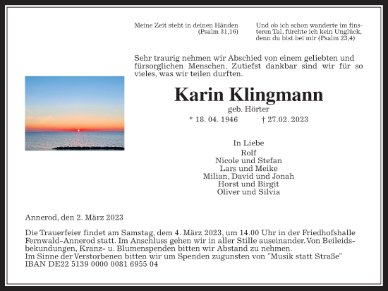 Traueranzeige von Karin Klingmann von Giessener Allgemeine, Alsfelder Allgemeine, Giessener Anzeiger