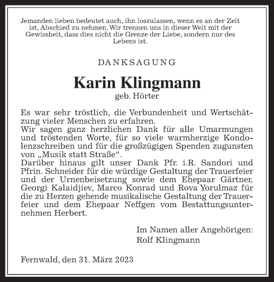 Traueranzeige von Karin Klingmann von Giessener Allgemeine, Alsfelder Allgemeine, Giessener Anzeiger