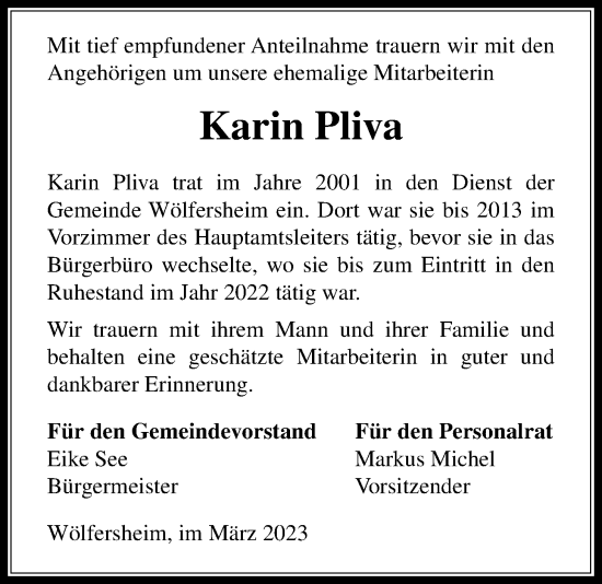 Traueranzeige von Karin Pliva von Wetterauer Zeitung
