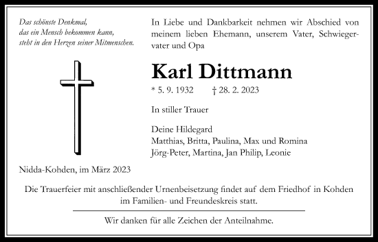 Traueranzeige von Karl Dittmann von Kreis-Anzeiger