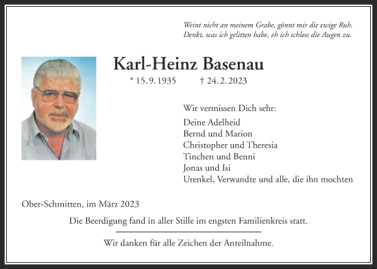 Traueranzeige von Karl-Heinhz Basenau von Kreis-Anzeiger