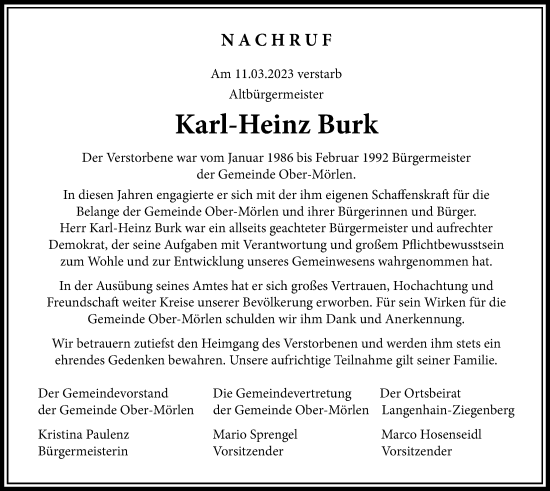 Traueranzeige von Karl-Heinz Burk von Wetterauer Zeitung