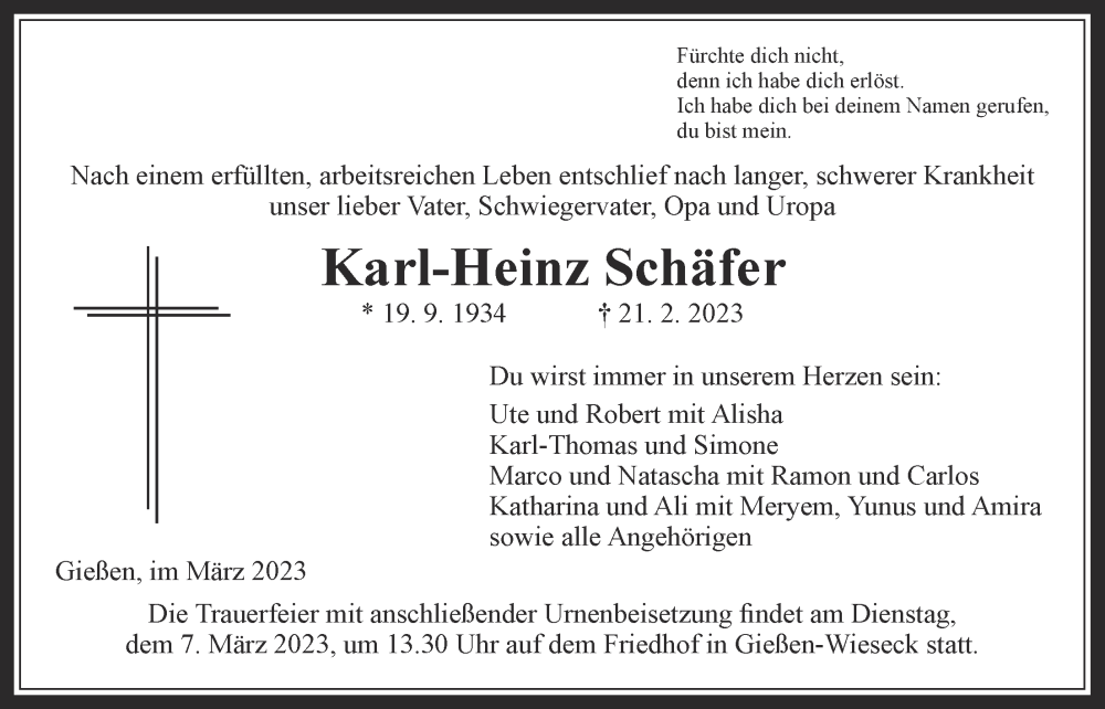  Traueranzeige für Karl-Heinz Schäfer vom 04.03.2023 aus Giessener Allgemeine, Alsfelder Allgemeine, Giessener Anzeiger