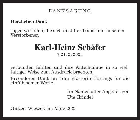 Traueranzeige von Karl-Heinz Schäfer von Giessener Allgemeine, Alsfelder Allgemeine, Giessener Anzeiger