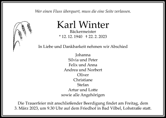 Traueranzeige von Karl Winter von Bad Vilbel/Karben