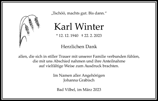 Traueranzeige von Karl Winter von Bad Vilbel/Karben