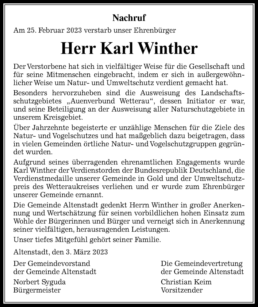  Traueranzeige für Karl Winther vom 03.03.2023 aus Kreis-Anzeiger