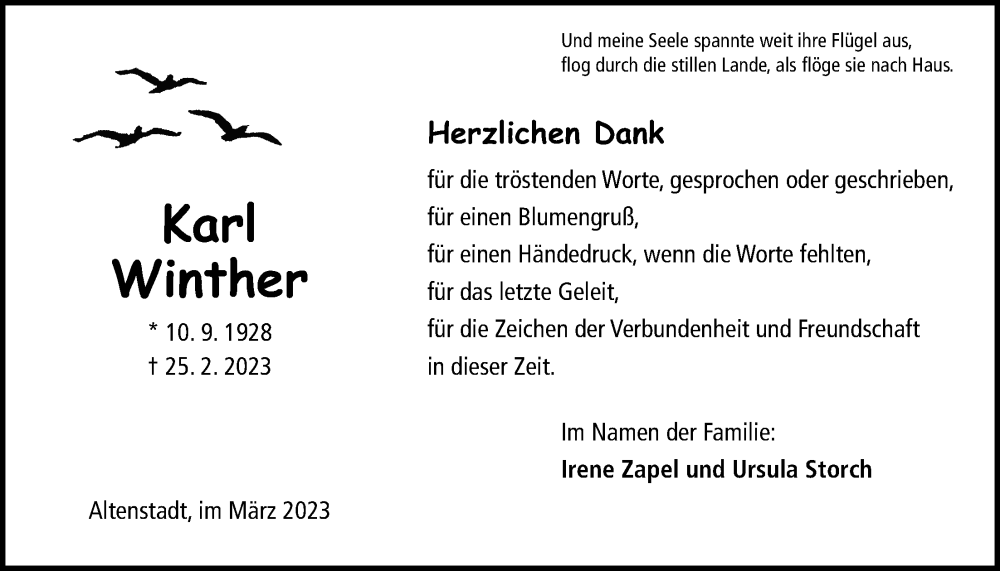  Traueranzeige für Karl Winther vom 18.03.2023 aus Kreis-Anzeiger