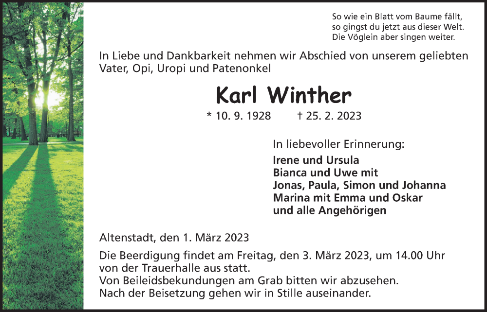  Traueranzeige für Karl Winther vom 01.03.2023 aus Kreis-Anzeiger