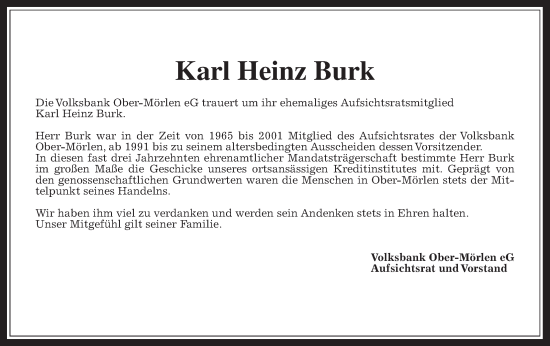 Traueranzeige von Karl Heinz Burk von Wetterauer Zeitung