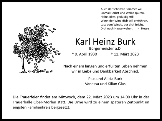 Traueranzeige von Karl Heinz Burk von Wetterauer Zeitung