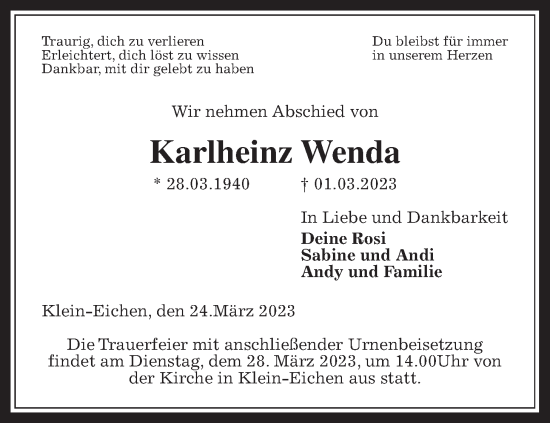 Traueranzeige von Karlheinz Wenda von Giessener Allgemeine, Alsfelder Allgemeine