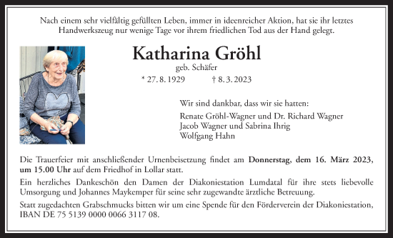 Traueranzeige von Katharina Gröhl von Giessener Allgemeine, Alsfelder Allgemeine, Giessener Anzeiger