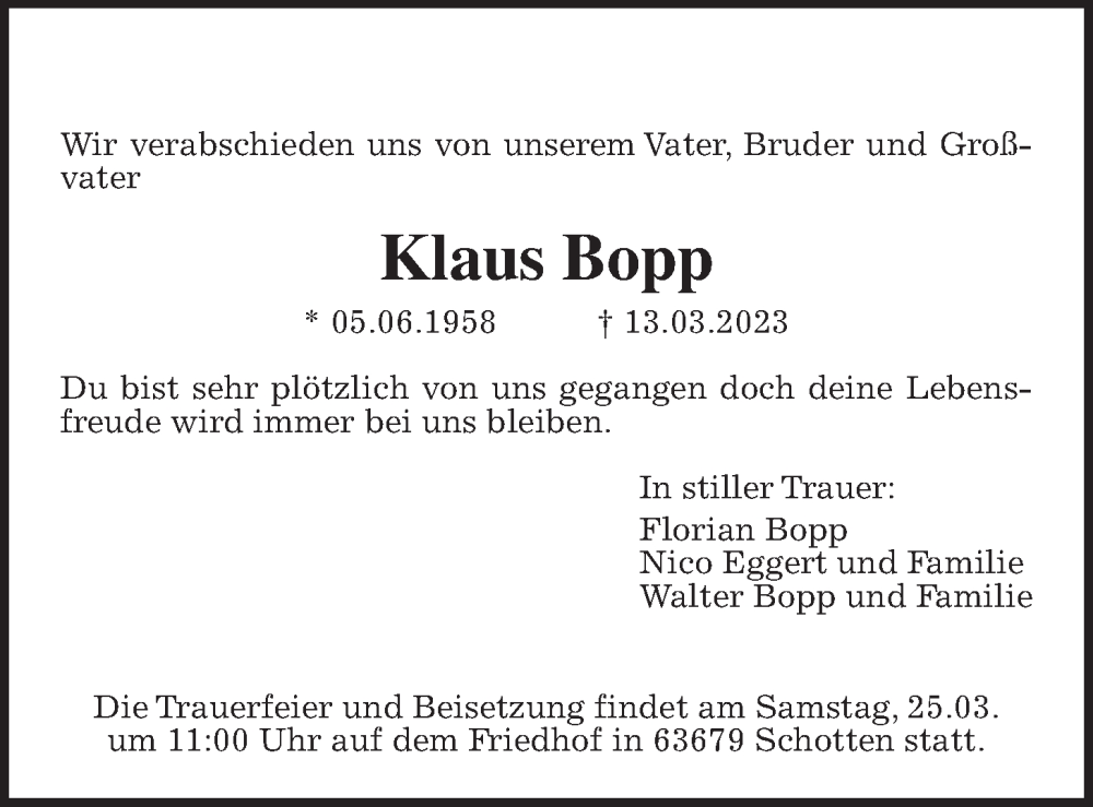  Traueranzeige für Klaus Bopp vom 20.03.2023 aus Wetterauer Zeitung