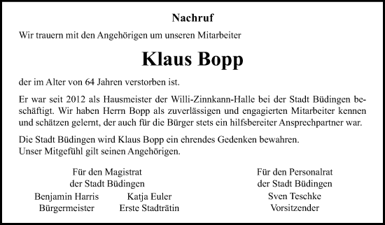 Traueranzeige von Klaus Bopp von Kreis-Anzeiger