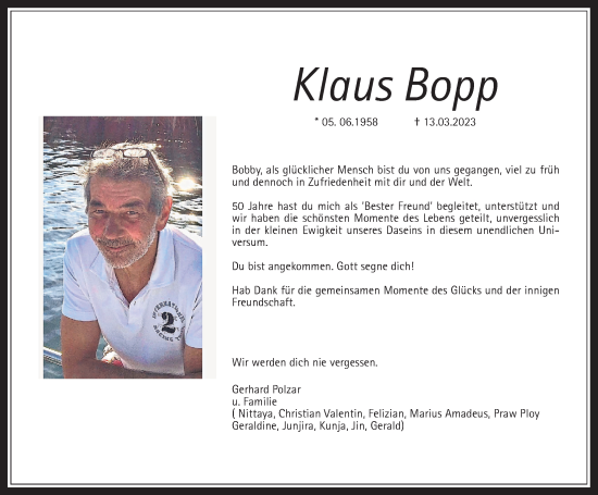 Traueranzeige von Klaus Bopp von Kreis-Anzeiger