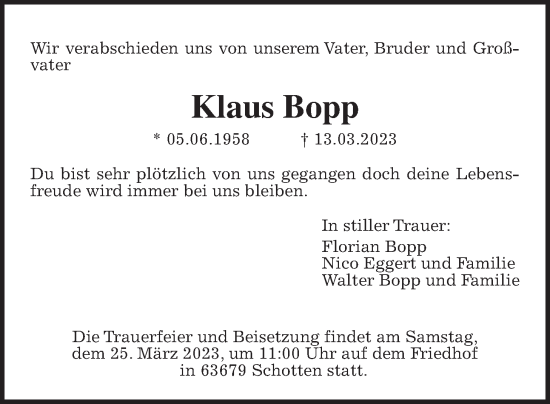 Traueranzeige von Klaus Bopp von Kreis-Anzeiger
