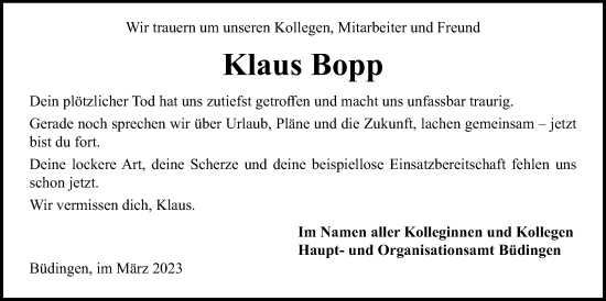 Traueranzeige von Klaus Bopp von Kreis-Anzeiger