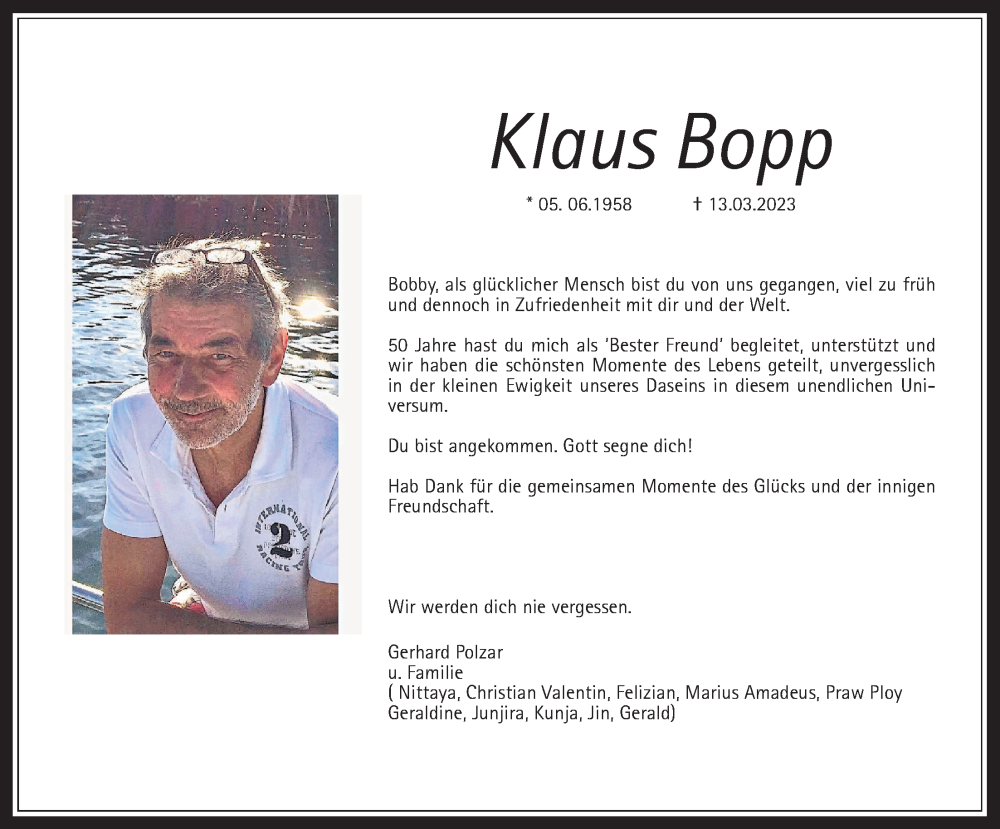  Traueranzeige für Klaus Bopp vom 18.03.2023 aus Kreis-Anzeiger