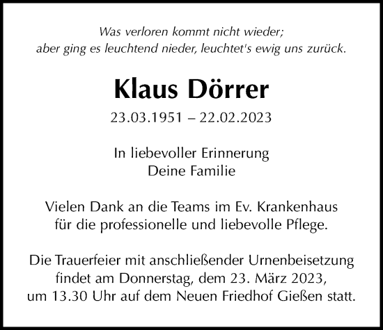 Traueranzeige von Klaus Dörrer von Giessener Allgemeine, Alsfelder Allgemeine