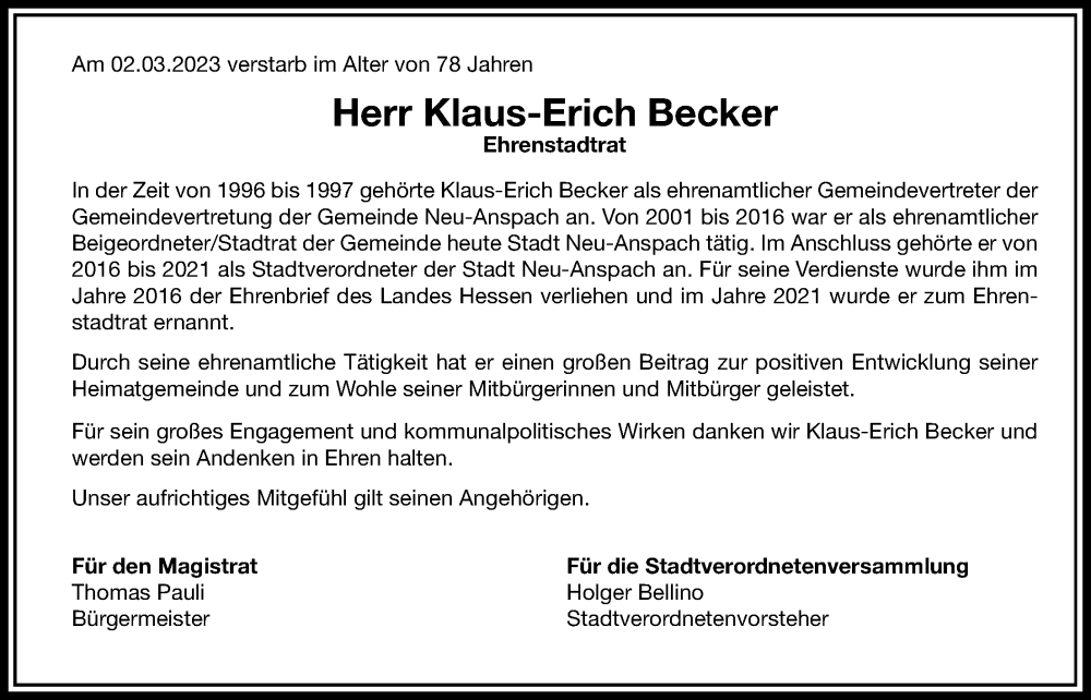  Traueranzeige für Klaus-Erich Becker vom 18.03.2023 aus Usinger Anzeiger