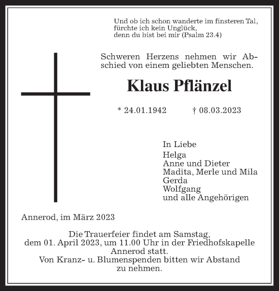 Traueranzeige von Klaus Pflänzel von Giessener Allgemeine, Alsfelder Allgemeine