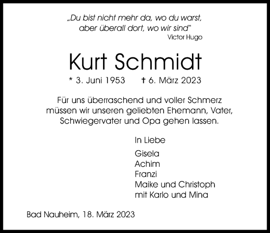 Traueranzeige von Kurt Schmidt von Wetterauer Zeitung