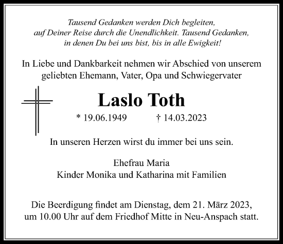 Traueranzeige von Laslo Toth von Usinger Anzeiger