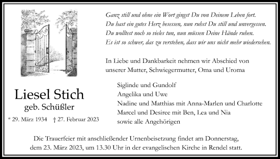 Traueranzeige von Liesel Stich von Bad Vilbel/Karben, Wetterauer Zeitung