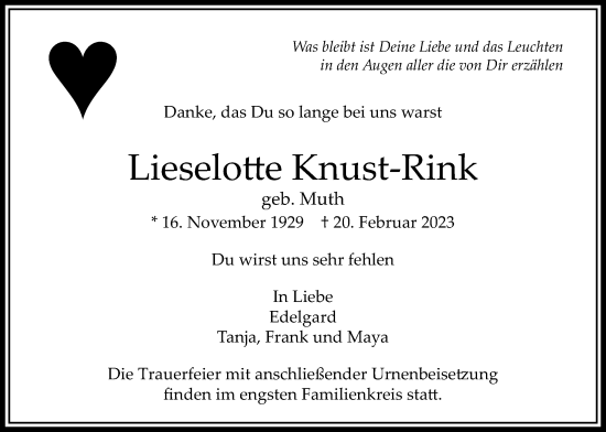 Traueranzeige von Lieselotte Knust-Rink von Bad Vilbel/Karben