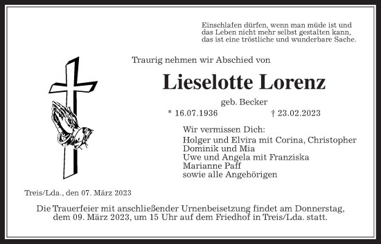 Traueranzeige von Lieselotte Lorenz von Giessener Anzeiger