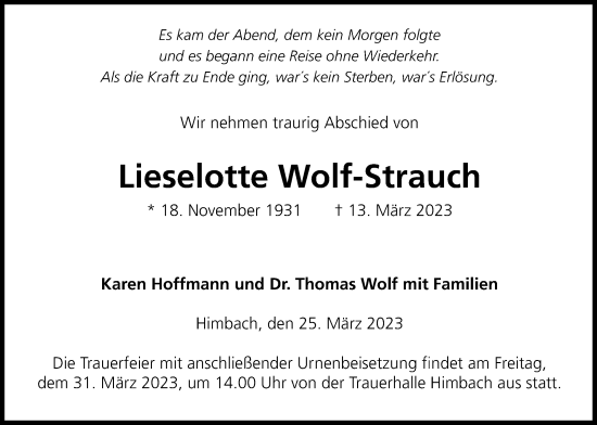 Traueranzeige von Lieselotte Wolf-Strauch von Kreis-Anzeiger
