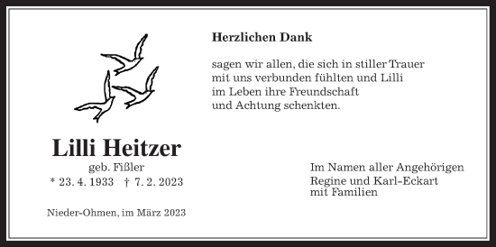 Traueranzeige von Lilli Heitzer von Alsfelder Allgemeine