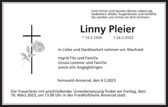 Traueranzeige von Linny Pleier von Giessener Allgemeine, Alsfelder Allgemeine, Giessener Anzeiger, Giessener Allgemeine, Alsfelder Allgemeine, Giessener Anzeiger