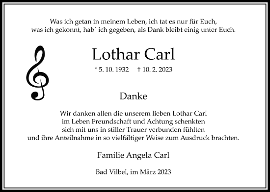 Traueranzeige von Lothar Carl von Bad Vilbel/Karben