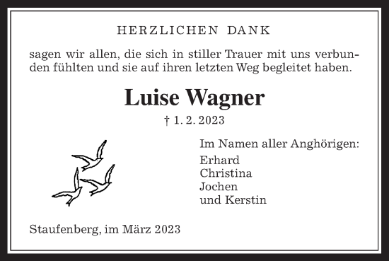 Traueranzeige von Luise Wagner von Giessener Anzeiger