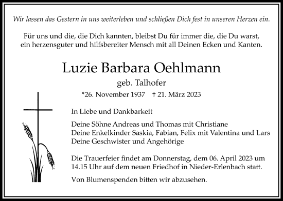 Traueranzeige von Luzie Barbara Oehlmann von Bad Vilbel/Karben