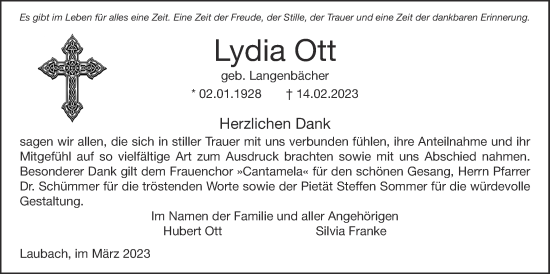 Traueranzeige von Lydia Ott von Usinger Anzeiger