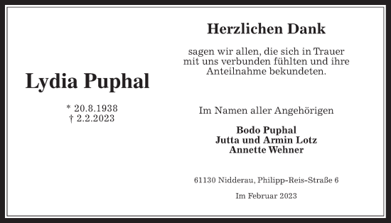 Traueranzeige von Lydia Puphal von Kreis-Anzeiger