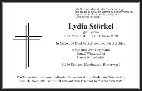 Traueranzeige von Lydia Störkel von Usinger Anzeiger