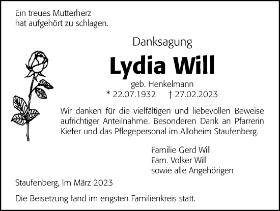 Traueranzeige von Lydia Will von Giessener Anzeiger, Giessener Allgemeine, Alsfelder Allgemeine